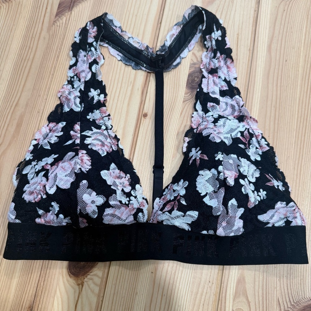 VS PINK Triangle Lace Bralette Black and Pink and White Floral Lace